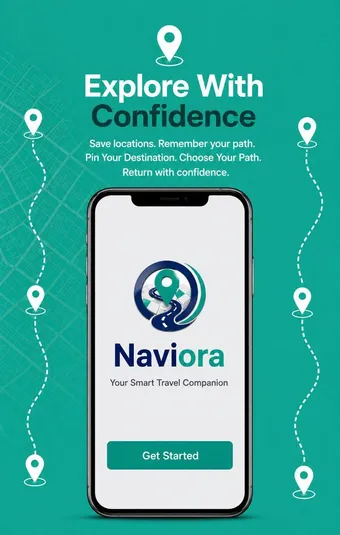 NAVIORA app: Explore With Confidence. Save locations, remember your path, pin your destination, choose your path and return with confidence. Start screen with Get Started