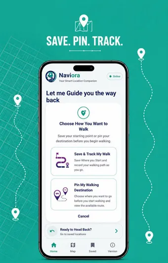 NAVIORA app: Save. Pin. Track. Choose How You Want to Walk, with Save & Track My Walk and Pin My Walking Destination